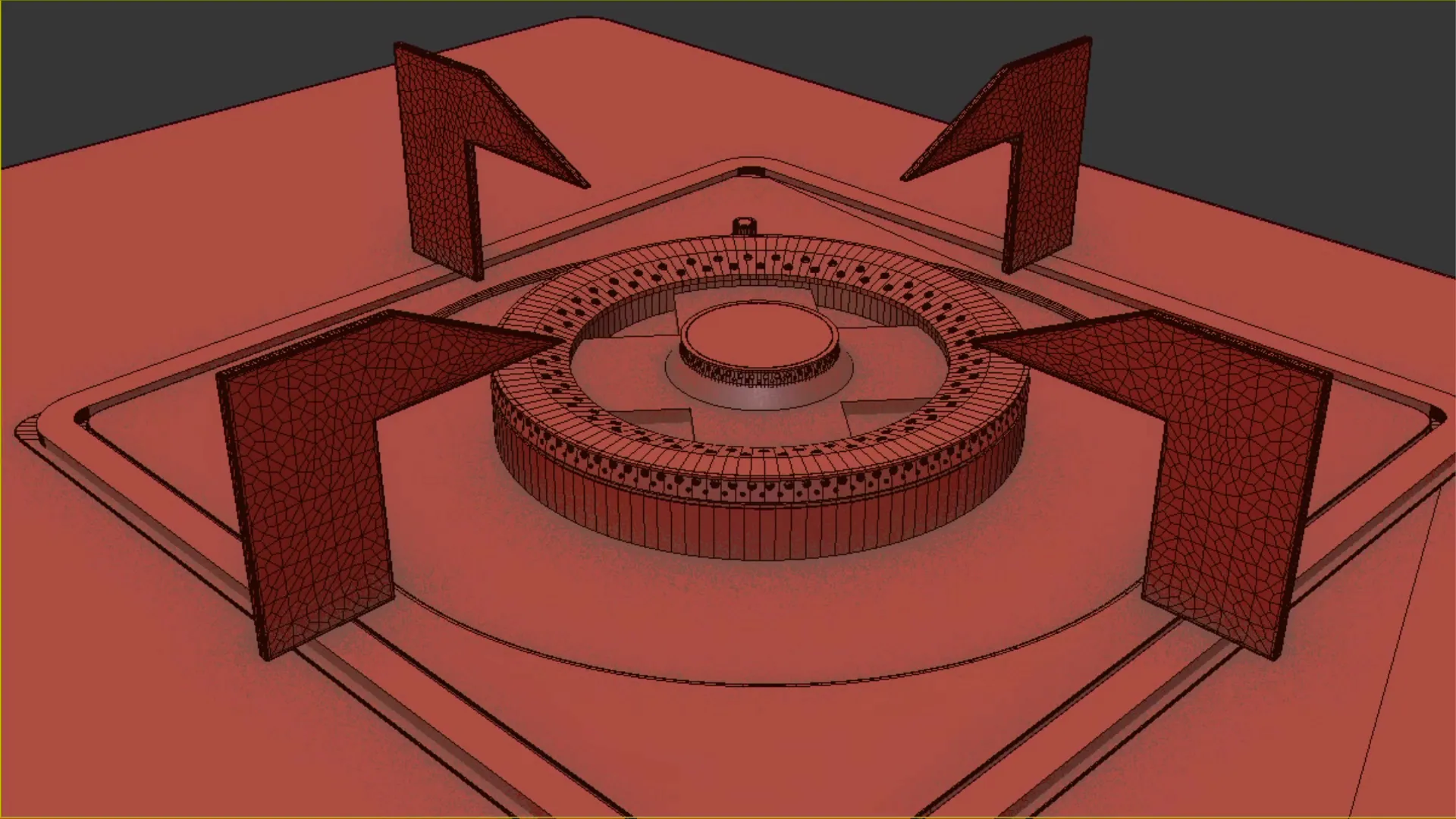 Wireframe close-up of a burner on the hob: a perforated ring with the pan supports beside it.