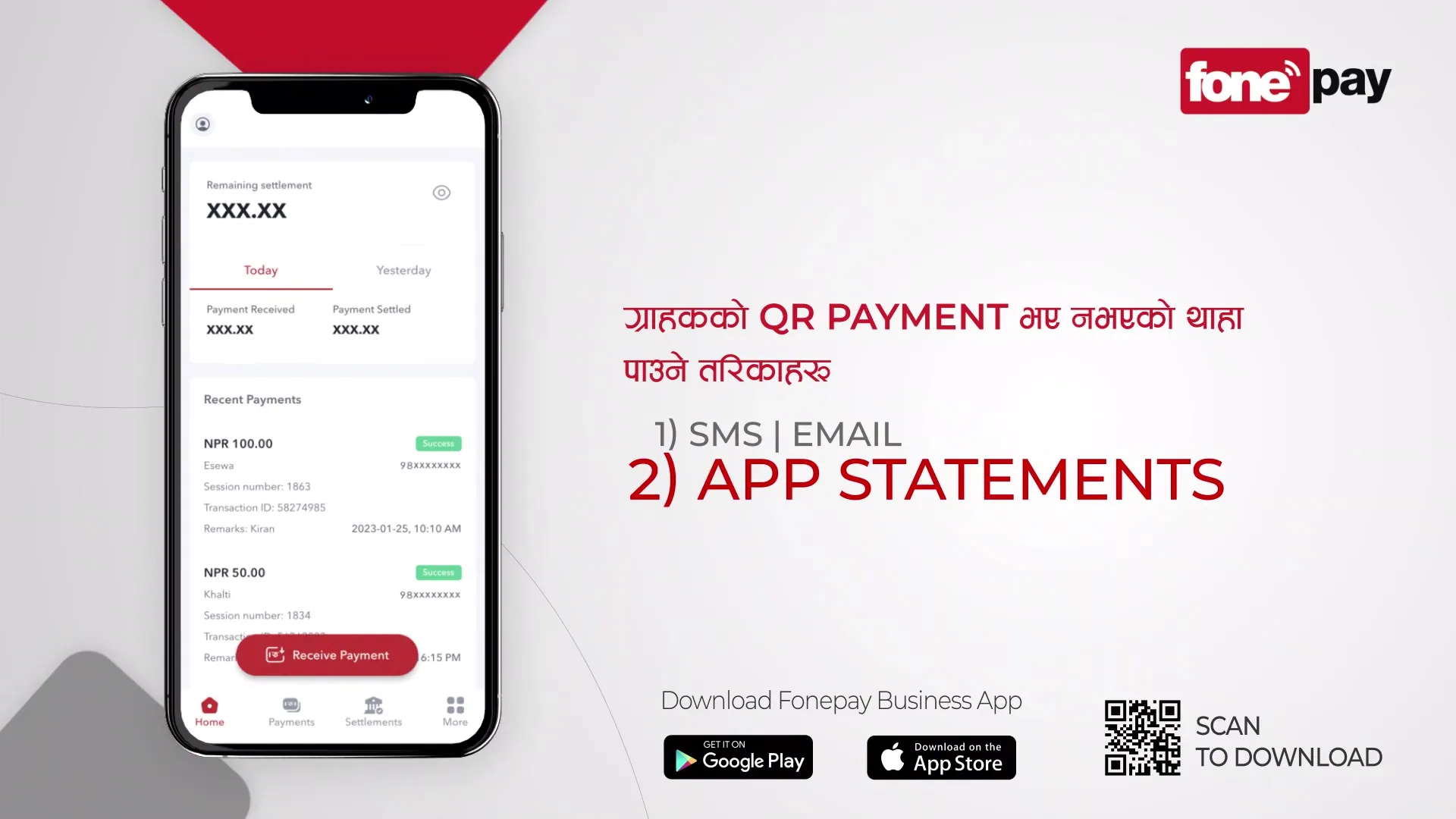 A phone showing the recent payments list in the Fonepay Business app, with App Statements enlarged in the option list.
