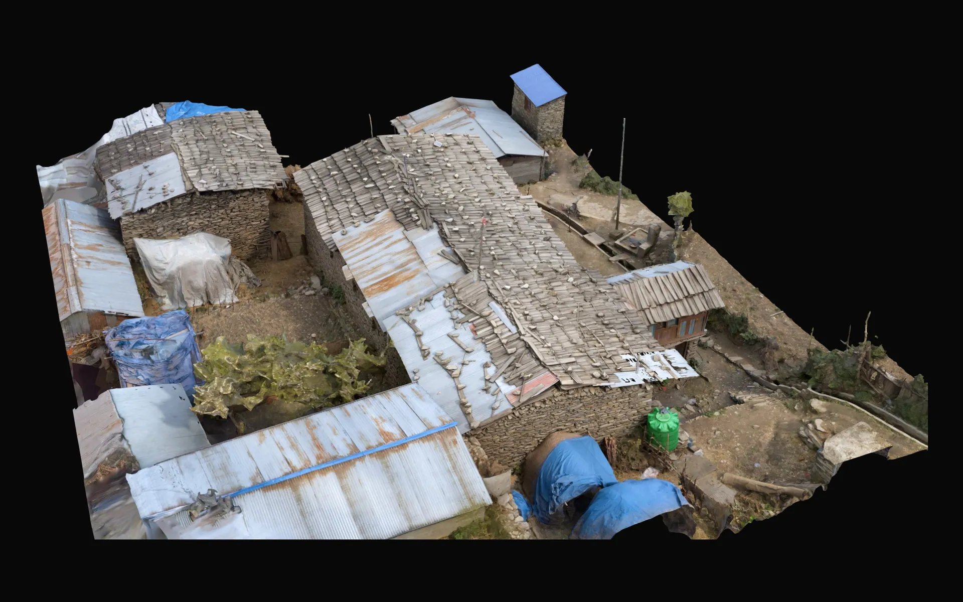 Render of the textured Gatlang model from above at an angle: stone houses with wooden-shingle and corrugated-metal roofs, blue tarpaulins and terraced ground.