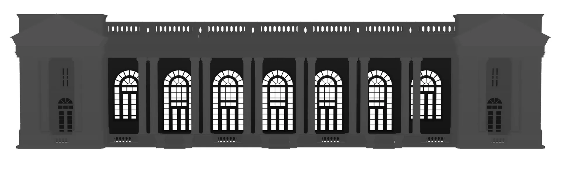 Grey render of the facade with the window openings in white, used as a matte.