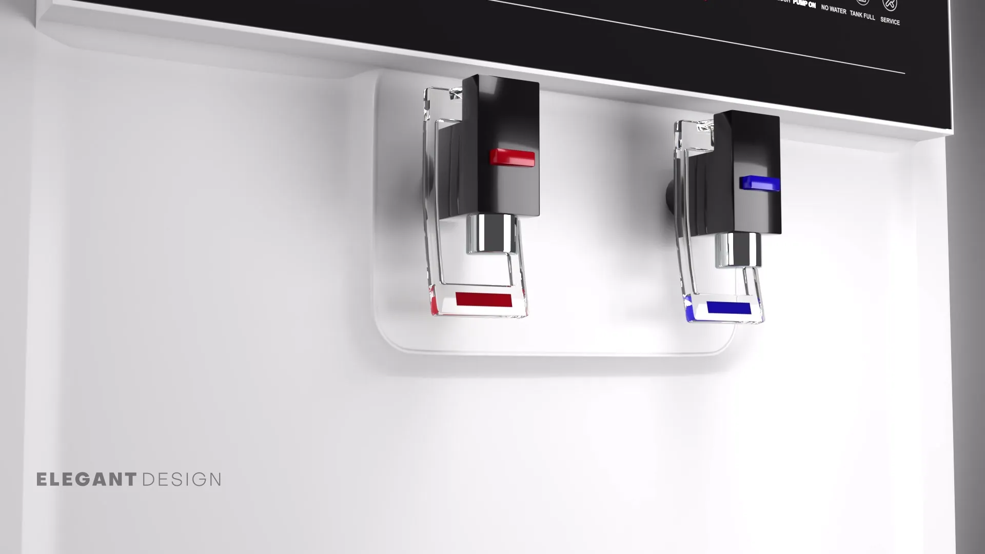 Rendered hot and cold taps on the white RO purifier, one with a red marker and one with a blue marker, under the black display panel, with the caption Elegant Design.
