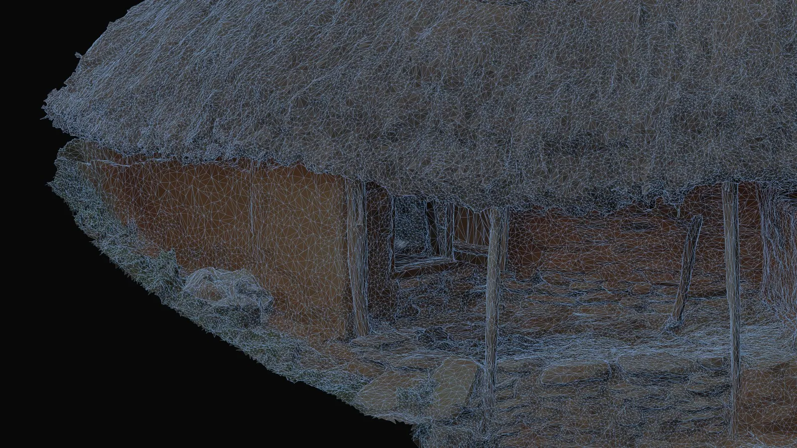 Wireframe close-up of the veranda: triangles over the thatch, posts and walls.