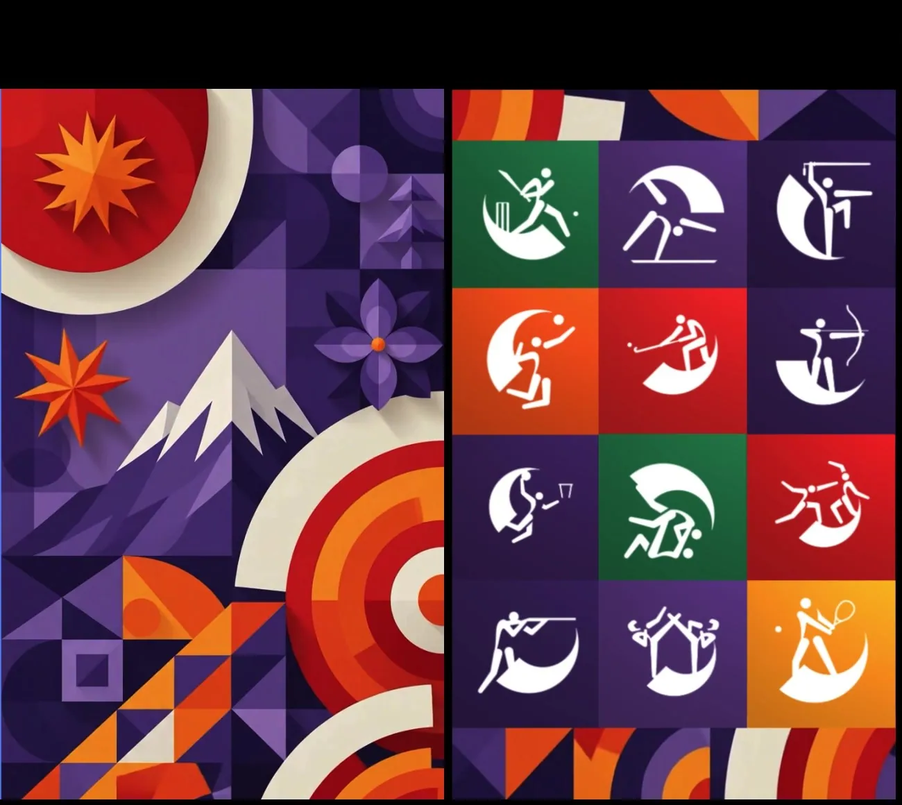 Left side panels of the 2082 canvas: a mosaic with a snow mountain, a sun and target arcs, beside a grid of sport pictograms on green, red, orange and purple tiles.