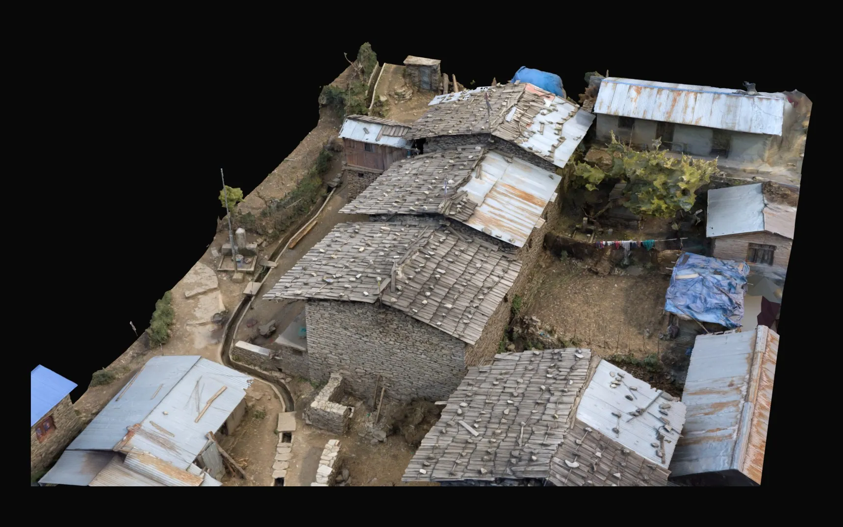 Render of the Gatlang model from the rear, with a stone house, metal roofs and a terraced yard.