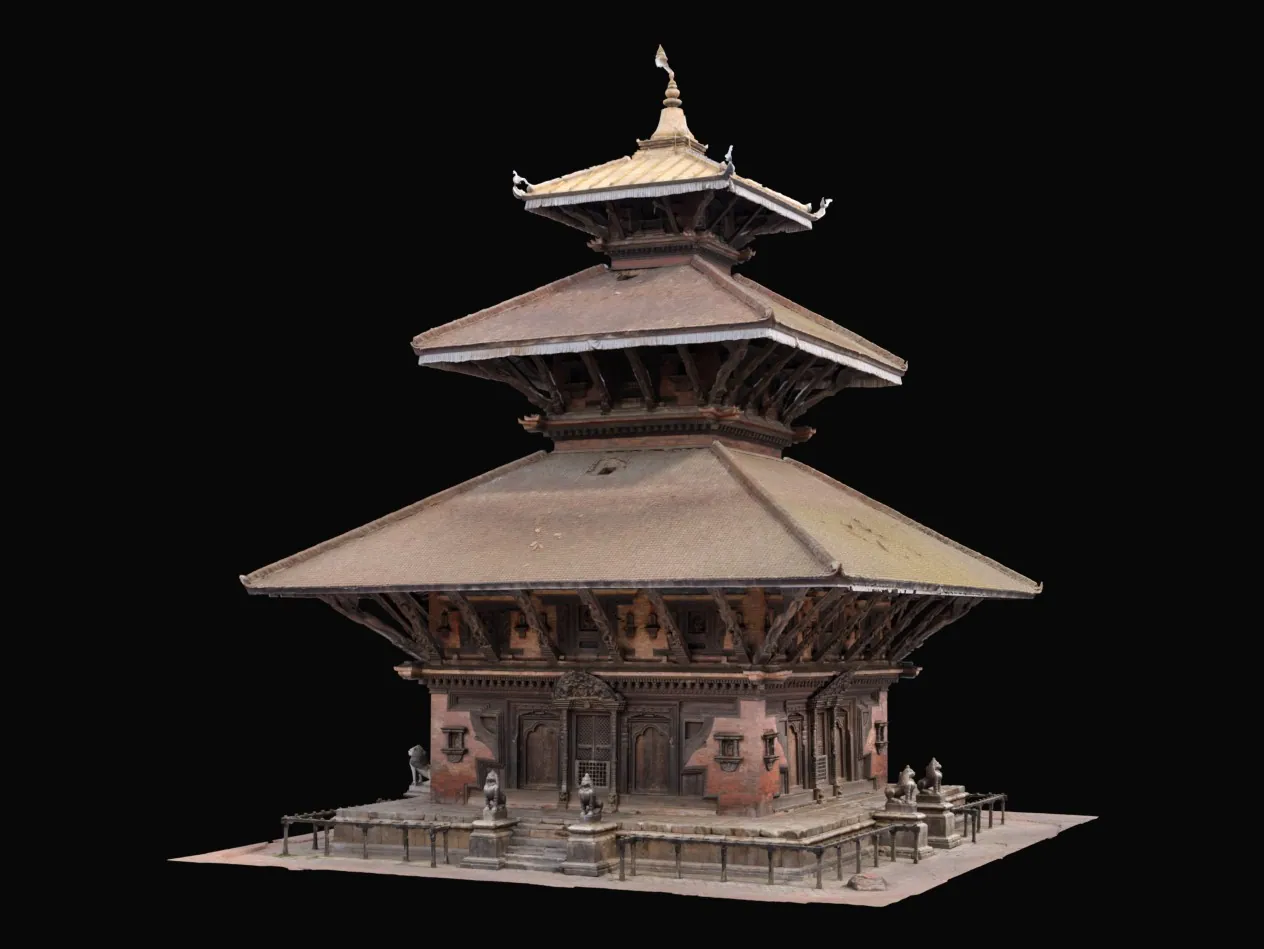 Render of the temple model from the rear three-quarter view with stone lions and a small shrine on the plinth.