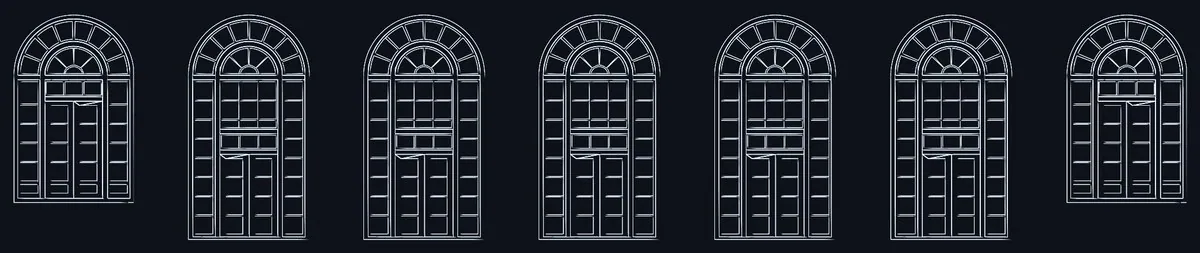 Line drawing of all seven arched windows.