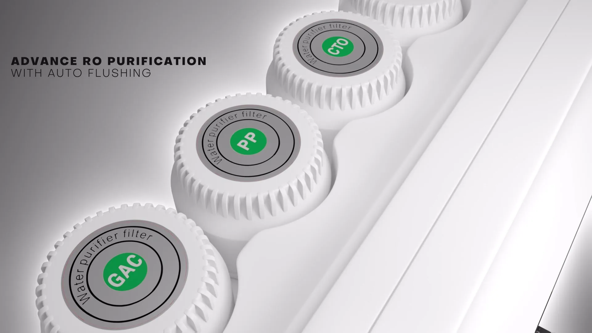 Rendered close-up of three white filter caps with green centres labelled GAC, PP and CTO on the RO purifier, with the caption Advance RO Purification with Auto Flushing.