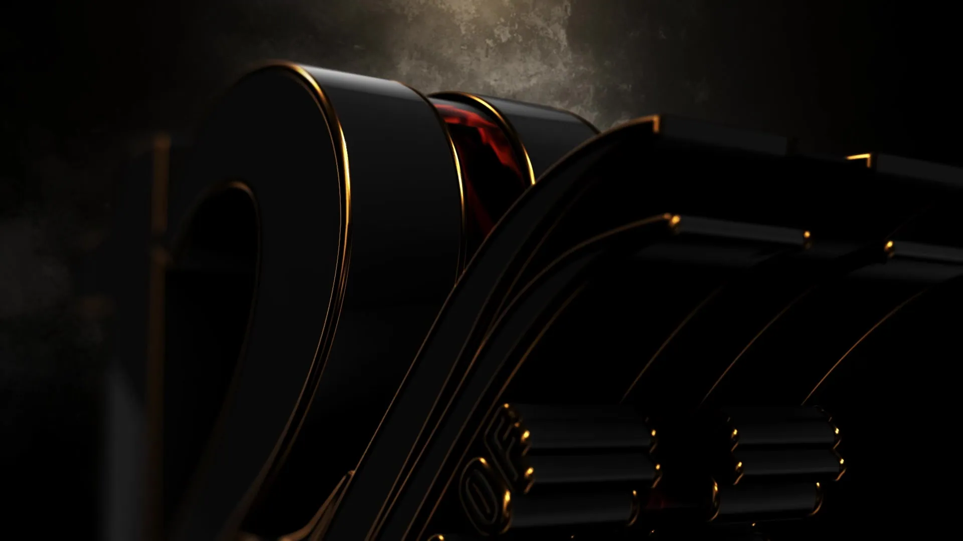 Extreme close-up of black 3D numerals with thin gold edges and a red glow inside.