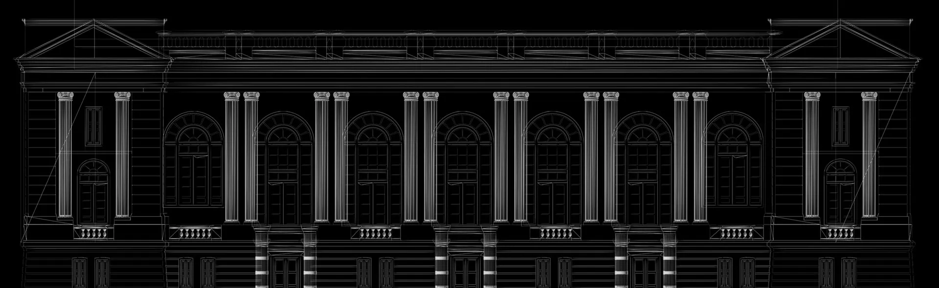 Wireframe of the facade model in white lines on black, showing every column, cornice and window frame as geometry.