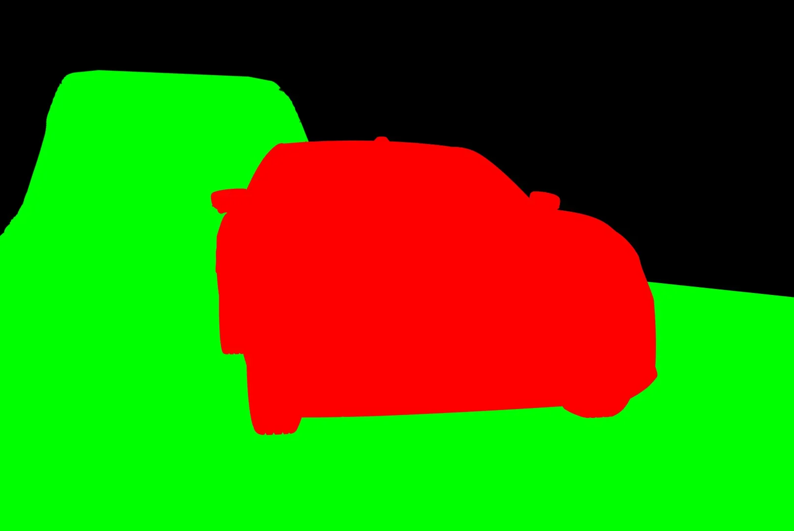 Object matte: the car in red, the surroundings in green, sky in black.