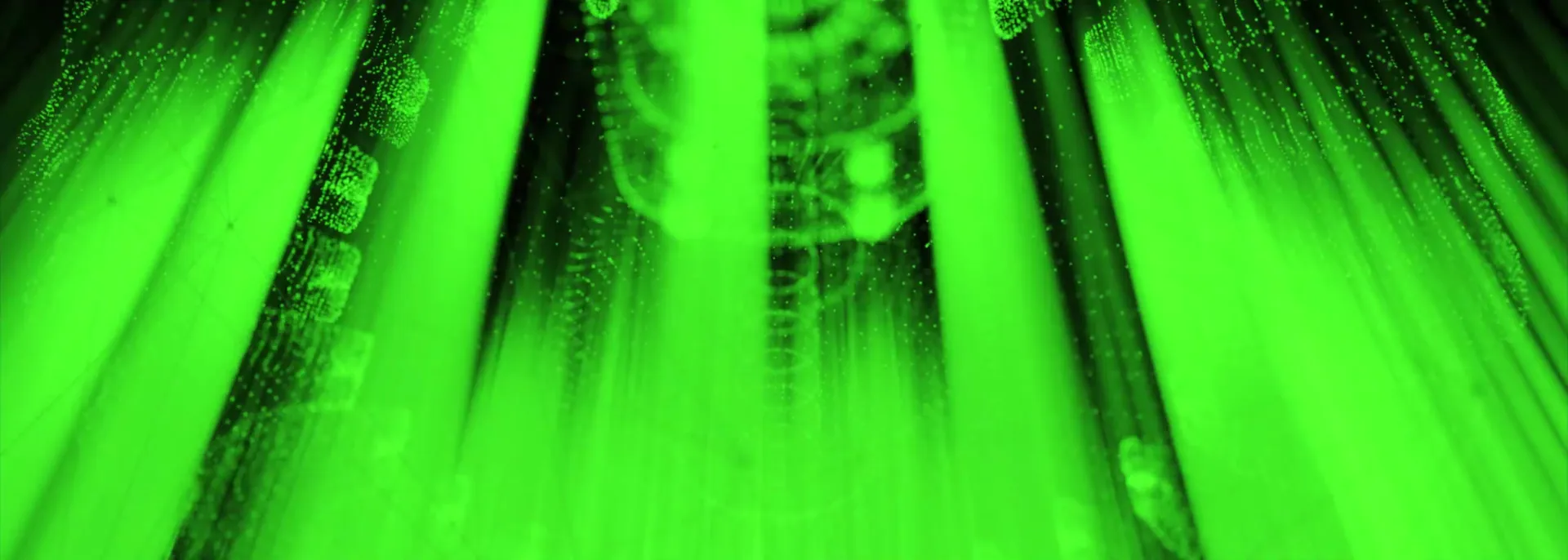 Bright green rays of light streaming down the frame.