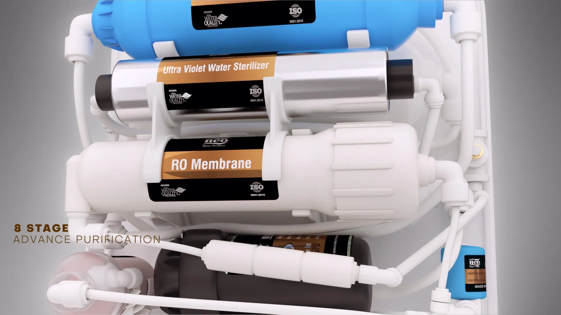 Rendered close-up of the ultra violet sterilizer and RO membrane cartridges with the caption 8 Stage Advance Purification.