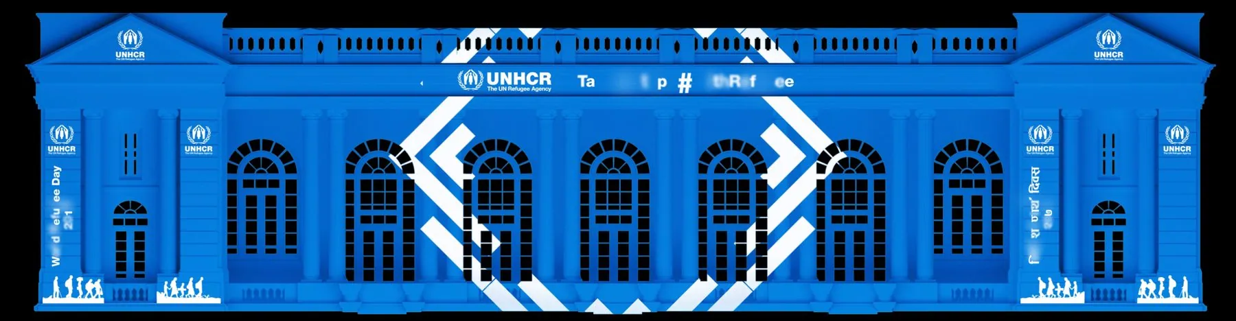Content frame: white diagonal bands crossing the blue facade, with diamond outlines around the outer arched windows.