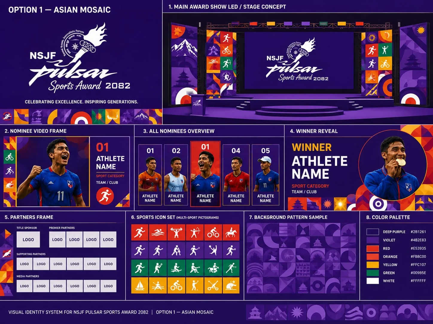 Concept board titled Option 1, Asian Mosaic: the NSJF Pulsar Sports Award 2082 logo, a stage concept with LED side towers, nominee and winner frames with placeholder names, a partners frame, a sport icon set, a background pattern sample and a colour palette.