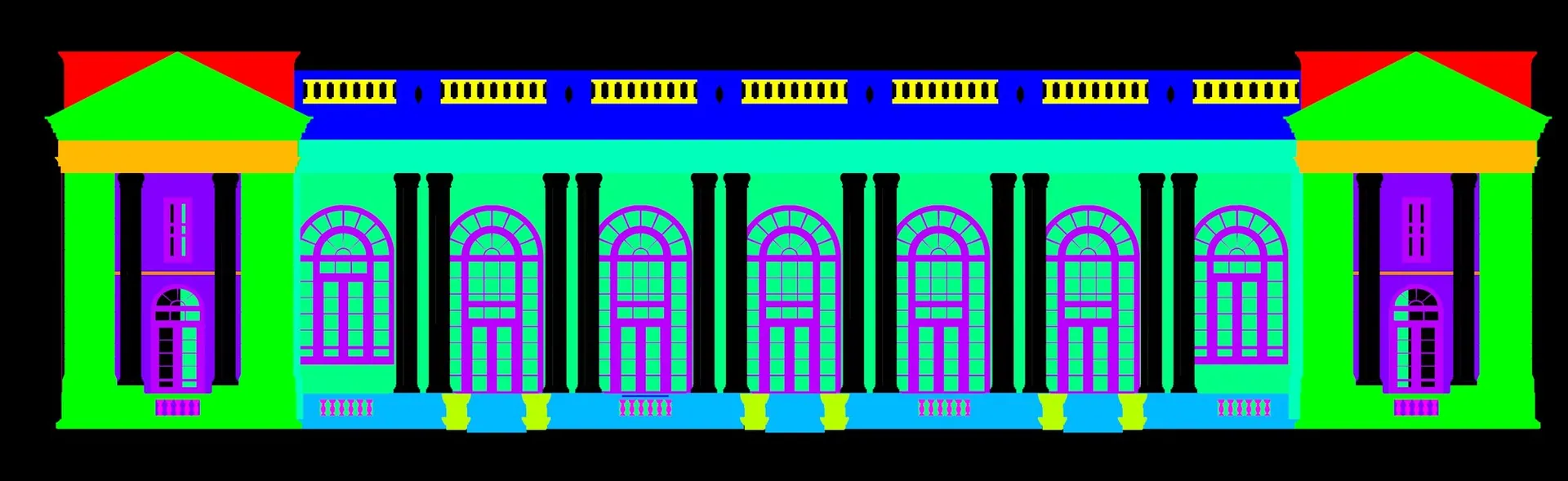 The same facade rendered in flat colours, with a separate colour for pediments, roof blocks, balustrade, columns, window frames, glazing, wall fields and plinths.