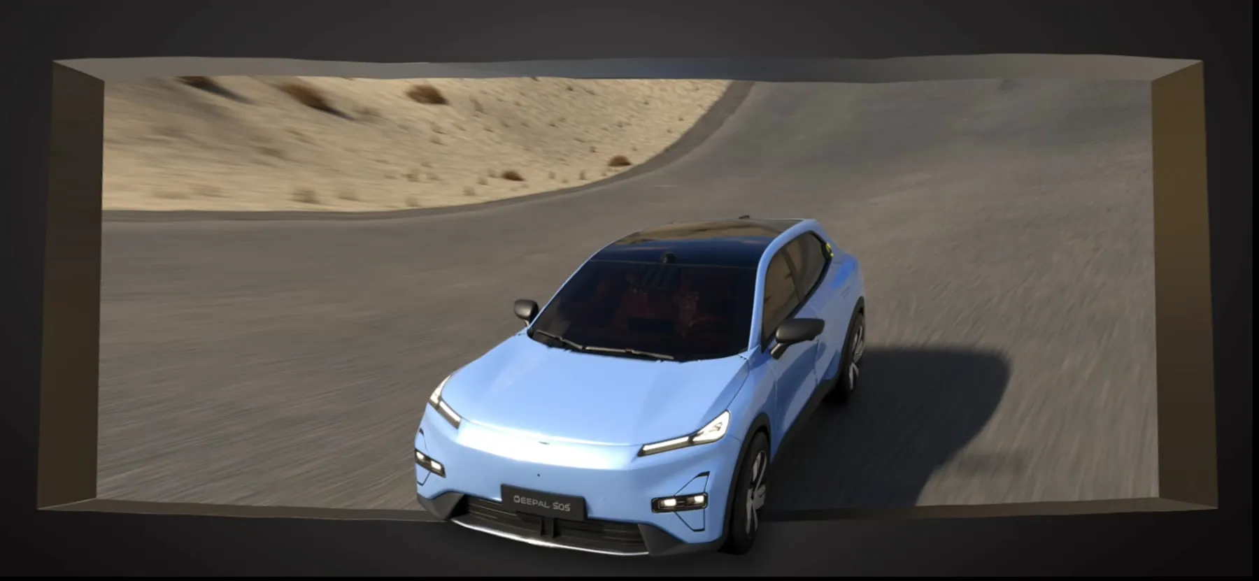 Pale blue Deepal S05 on a desert mountain road, its front breaking out past the frame.