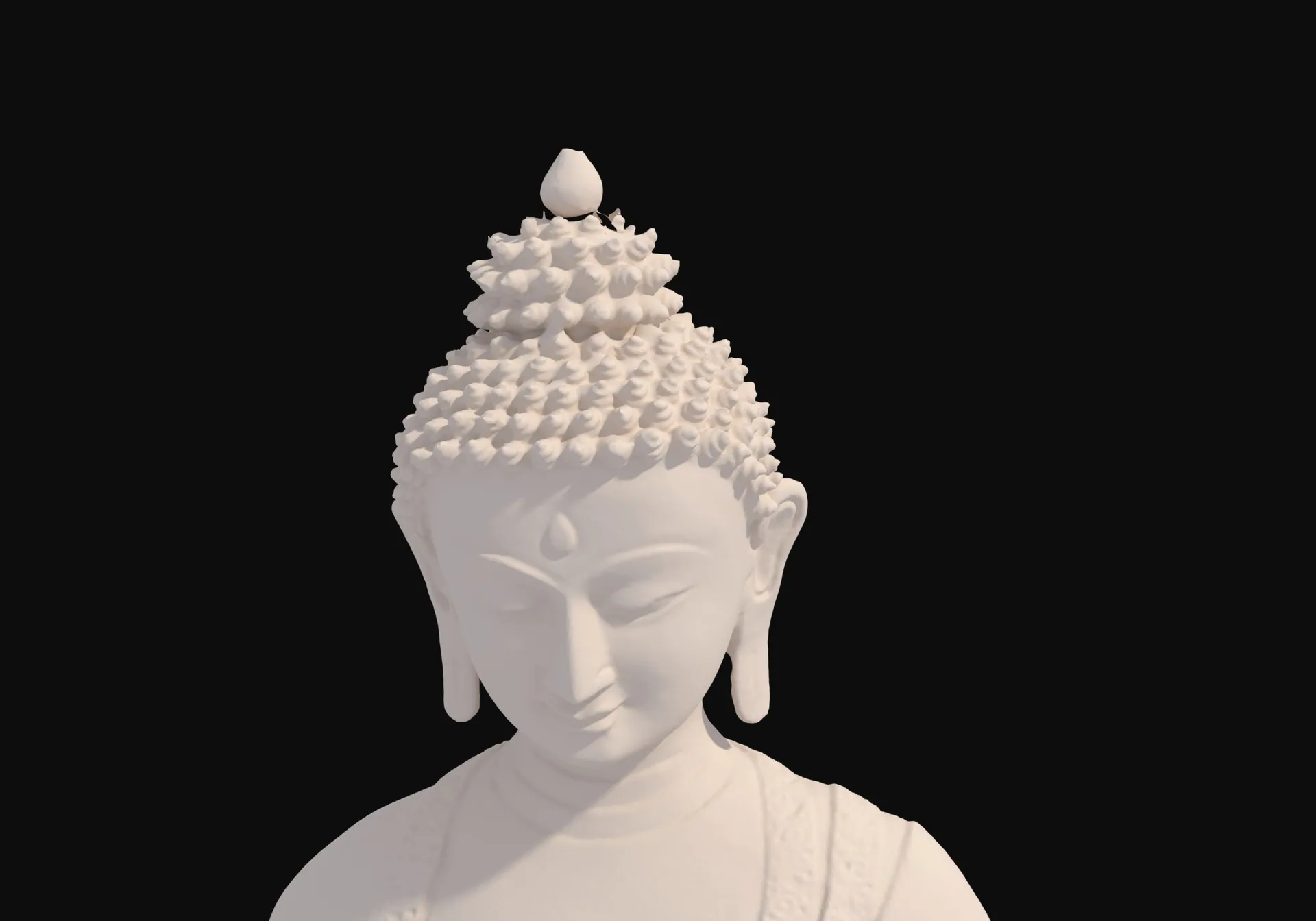 Close clay-toned render of the scanned Buddha's face and hair curls, with the forehead mark and the lowered eyes.