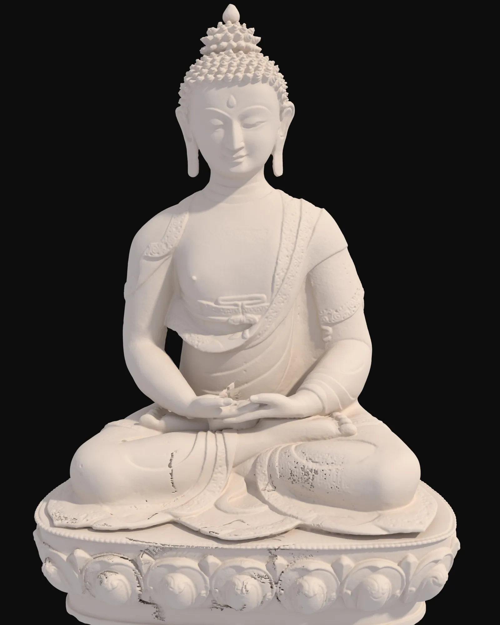Clay-toned render of the scanned Buddha from the front left: seated on a lotus base, hands in meditation mudra.