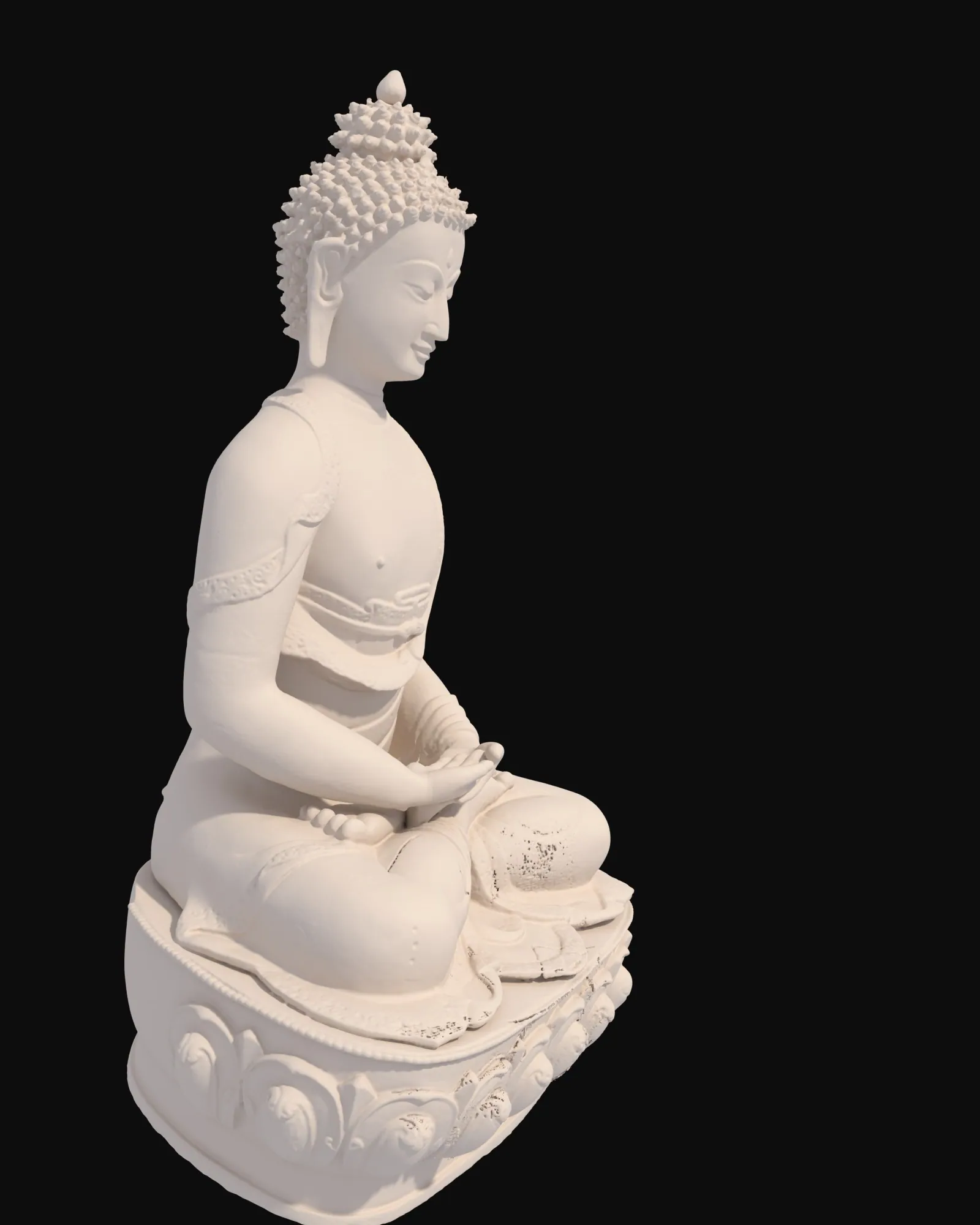 Clay-toned render of the scanned Buddha in profile, showing the arms, the bowl and the lotus base.