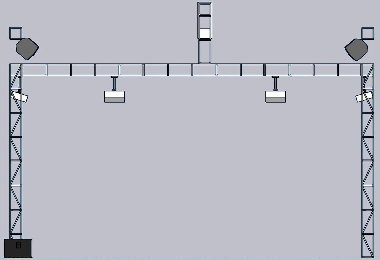 Front elevation of the truss frame with two hung projectors and two larger units on top.