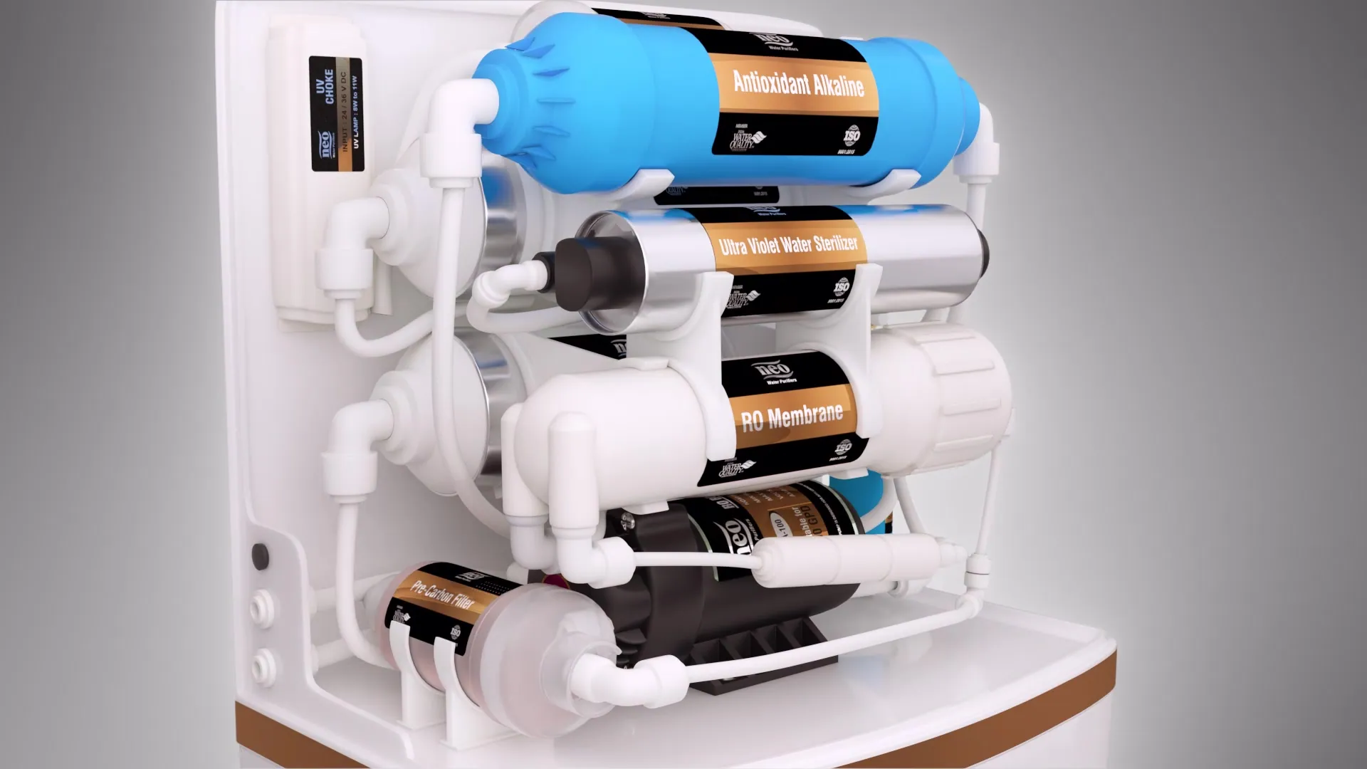 Rendered internal filter stack of the purifier: a blue cartridge, a steel sterilizer and a white RO membrane housing, joined by white tubing on a white back panel.