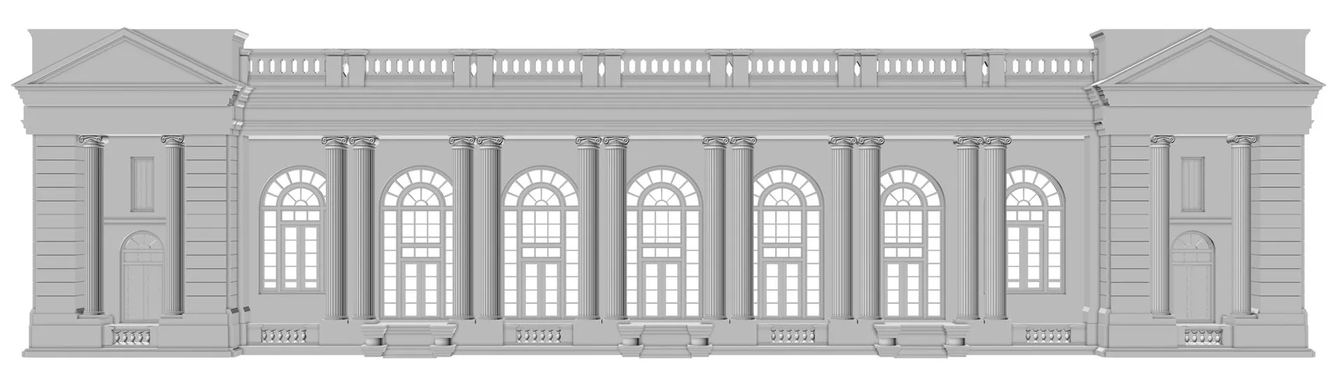 Untextured 3D render of the Gaddi Baithak facade elevation: two pedimented end pavilions and a central arcade of seven arched windows between paired Ionic columns, under a balustrade parapet.