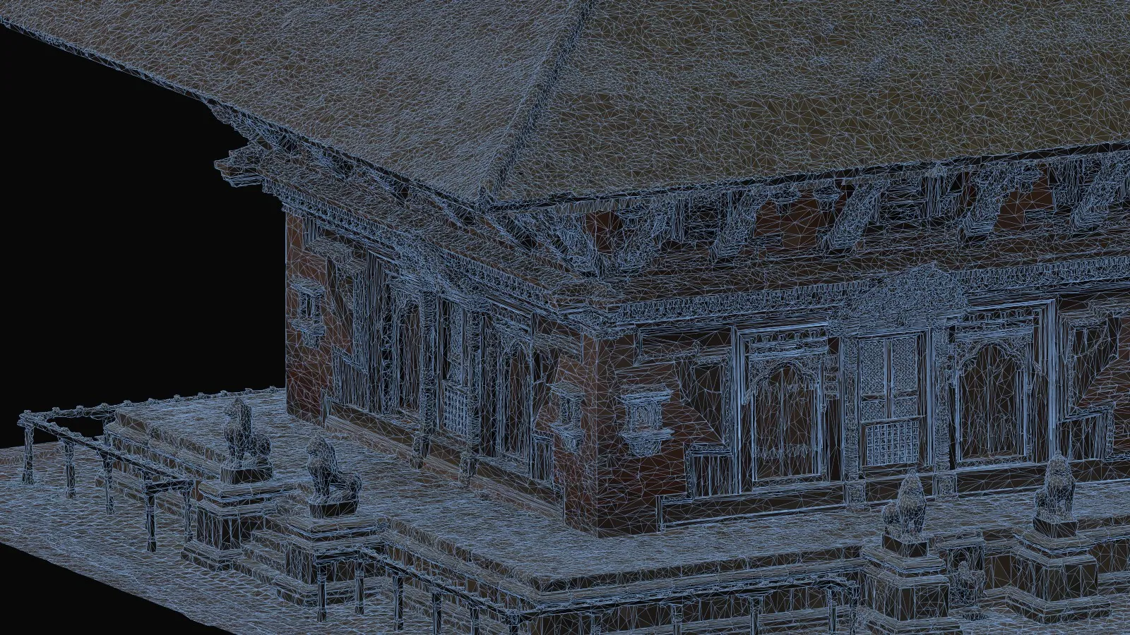 Wireframe close-up of the temple's lower storey: the triangle mesh over the carved doors, brackets, stone lions and railing.