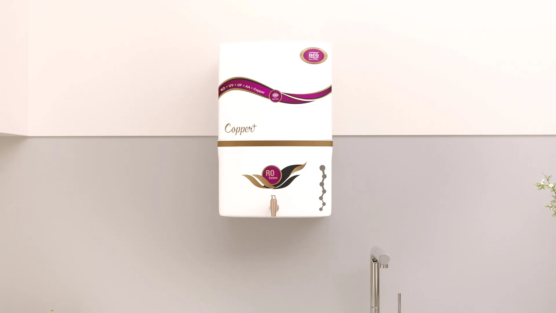 Rendered white wall-mounted purifier with a magenta and gold band, the Copper+ mark and an RO System badge, above a kitchen tap.