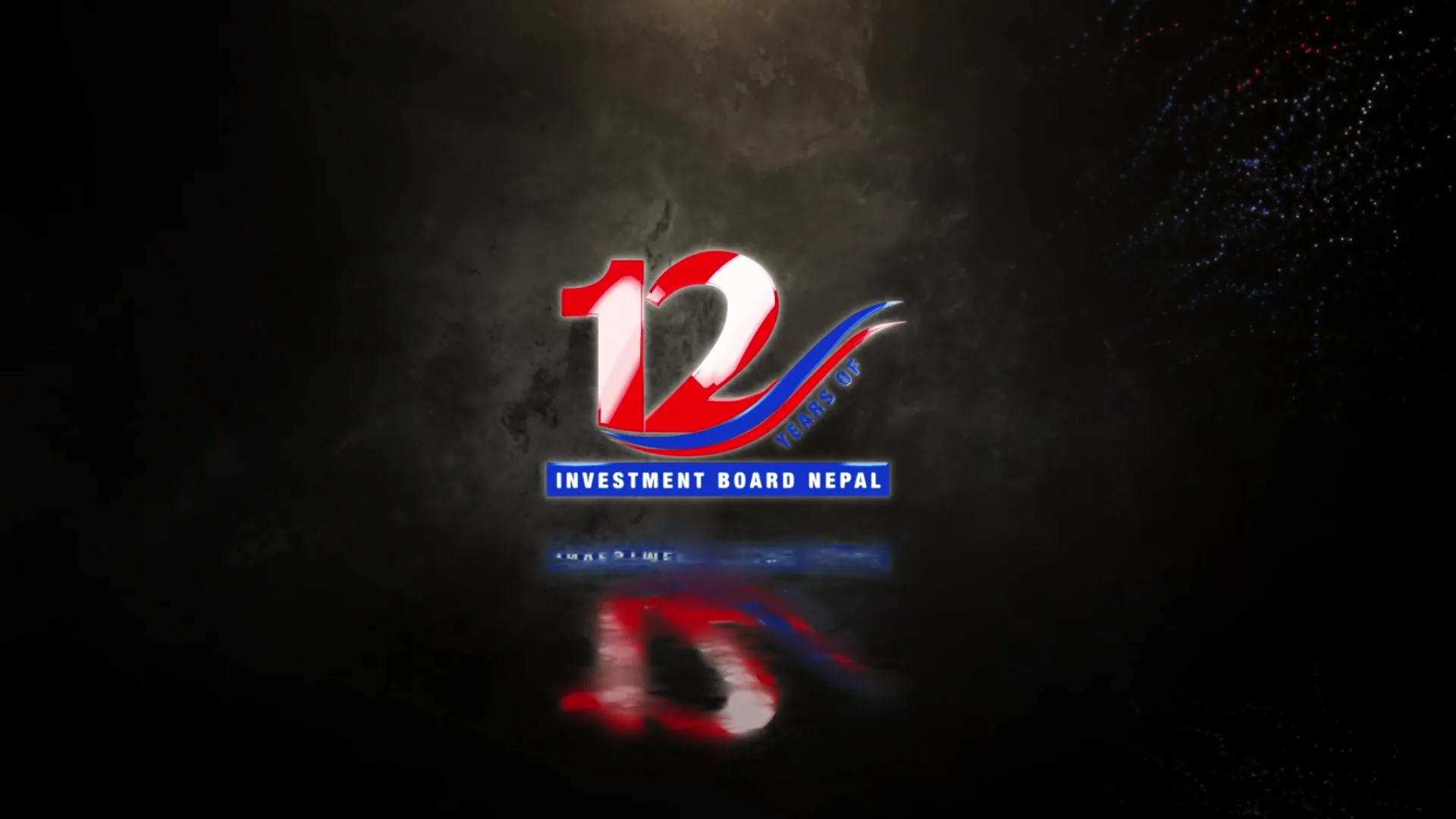 The finished colour 12 logo with Investment Board Nepal on a blue band, and its reflection below.