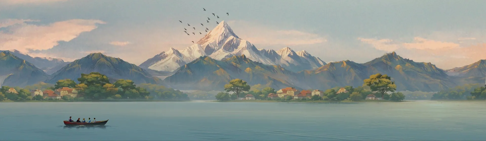 The peak seen across a lake with wooded islands and a rowing boat in the foreground.