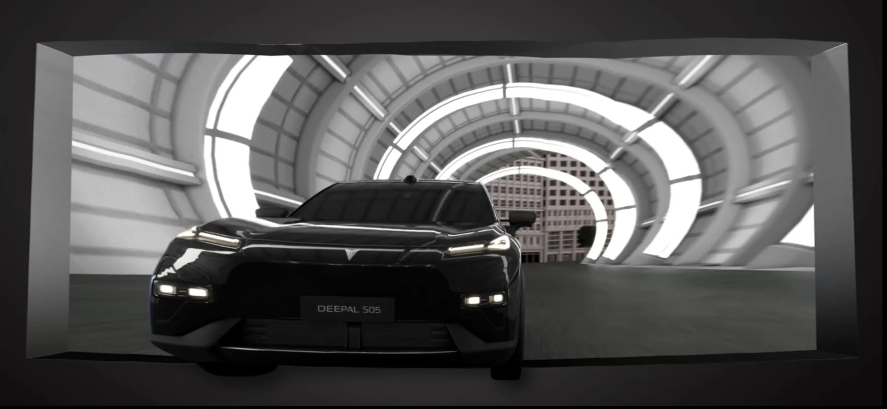 Black Deepal S05 facing the camera in a white ribbed tunnel.
