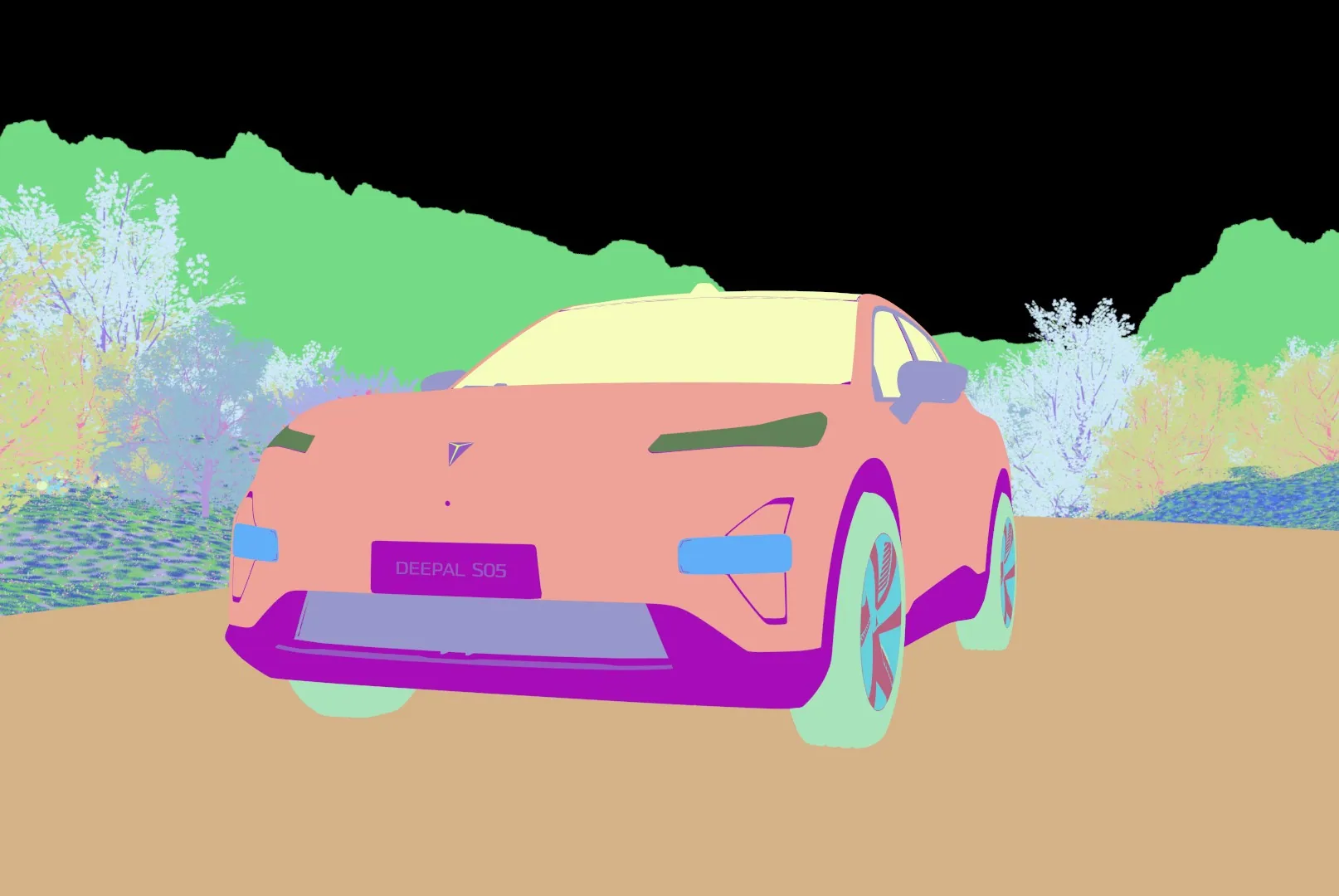 Material ID pass: flat colours separating body paint, glass, lights, wheels, road, trees and terrain.