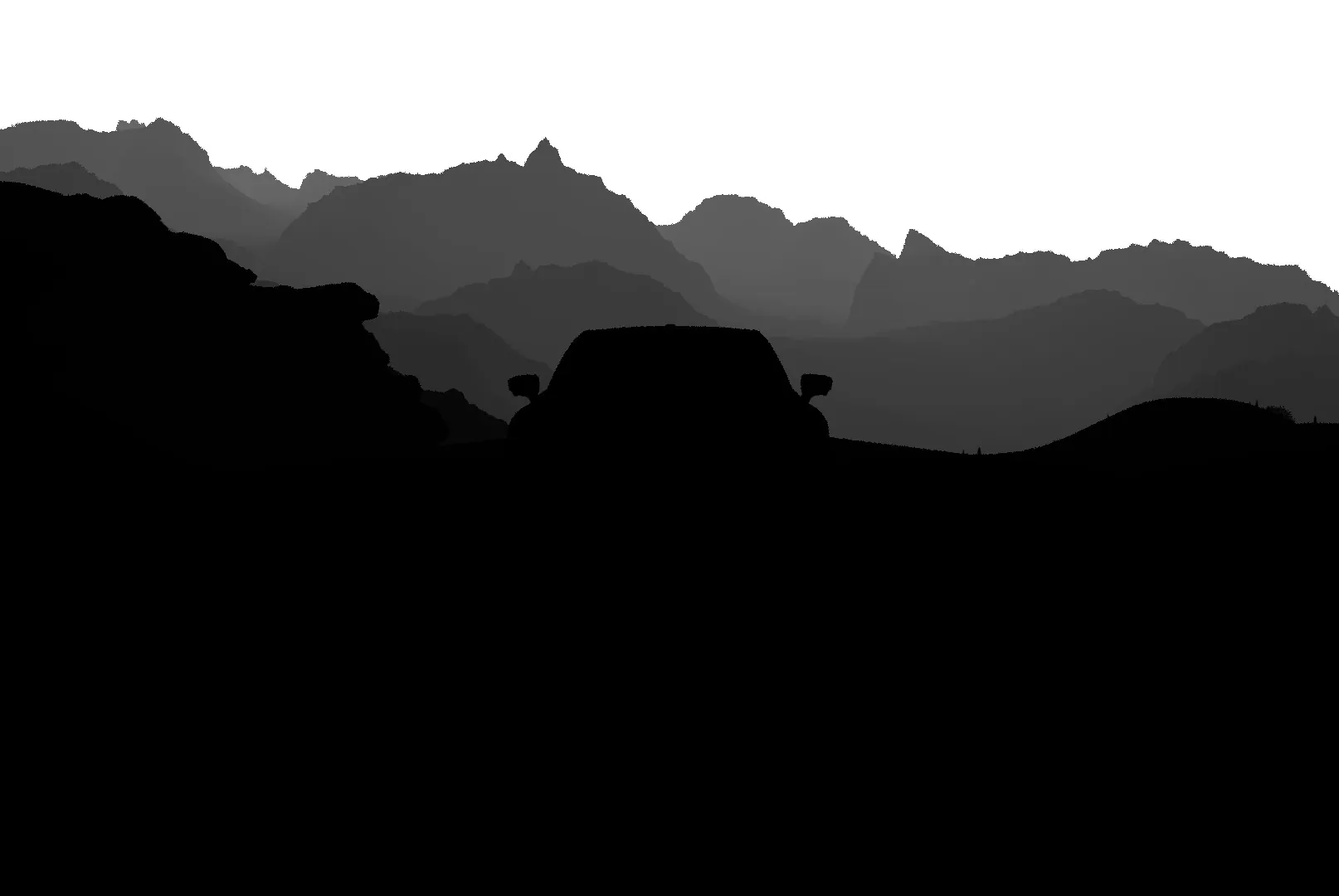 Z-depth pass: white sky fading through grey mountain layers to black foreground with the car in silhouette.