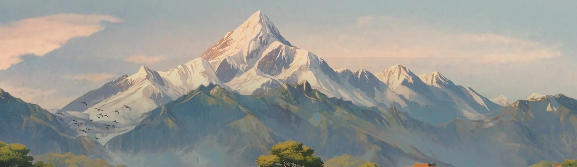 Painted snow peak with birds in the sky, in soft dawn colours.